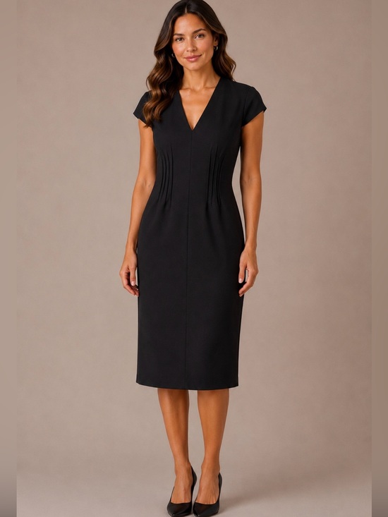 ANTONIO MELANI Dresses & Skirts - ANTONIO MELANI Sz 8 Black Sheath Dress Midi V Neck Cap Sleeves Pleated EUC